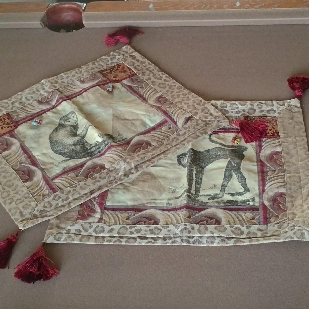 PILLOW SHAMS SET OF TWO WITH MONKEYS AND TASSELS BURGUNDY TAN LEOPARD PRINT